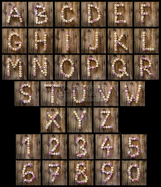 用葡萄酒软木制成的字母字母和数字插图卡通片标签红色字体学校木头织物白色语言图片