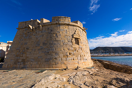 地中海阿利坎特Teulada海滩莫拉伊拉城堡海洋石头建筑学古董海岸线假期海景石工支撑蓝色图片