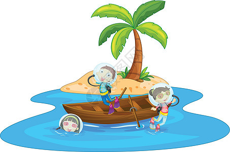 男孩和女孩在划船男性男生海滩池塘女性热带卡通片男人孩子们蓝天图片