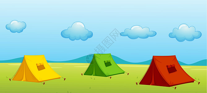 3个帐篷帆布场地牧场插图织物小屋地面窗户天空风景图片