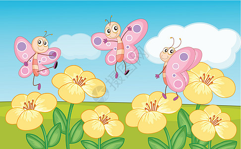 雌蕊蝴蝶栖息地动物乐趣花粉卡通片苍蝇朋友们生物场地花瓣插画