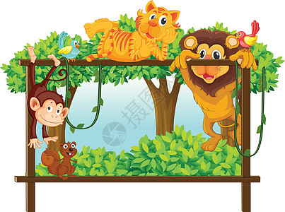 各种动物老虎团体享受狮子卡通片藤蔓黑猩猩松鼠登山者横幅图片