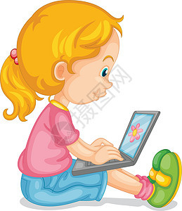一个女孩和笔记本电脑瞳孔孩子们键盘学习金色学生女孩卡通片技术享受图片