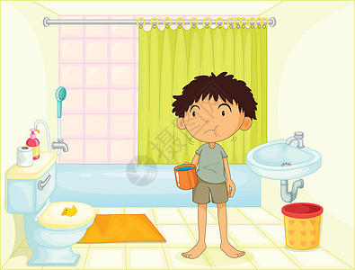厕所里的孩子洗手间刷子牙刷肥皂地面龙头毛巾孩子们淋浴男性图片