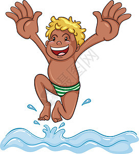 一个男孩潜入水中男性男生孩子们男人卡通片海洋运动潜水跳跃波浪图片