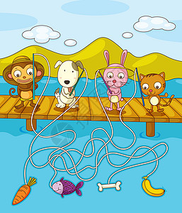 捕鱼作业表钓鱼孩子学习卡通片活动动物教育小狗孩子们小猫图片