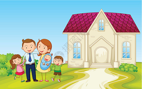 房子前面的家庭母亲建筑蓝色兄弟享受女性植物卡通片婴儿女儿图片
