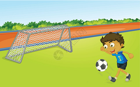 踢足球的男孩跑步微笑卡通片运动游戏操场树木男性足球草图图片
