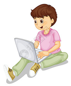 一个男孩和笔记本电脑青年监视器孩子们技术卡通片男生草图展示键盘享受图片