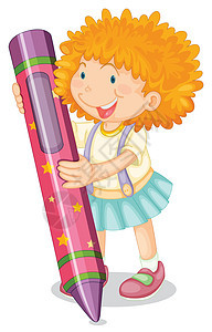 拿着铅笔的女孩女士粉色学习草图头发蜡笔金色紫色教育绘画图片