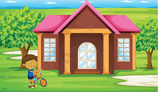 家门口的男孩子男生绿色自行车男性树木孩子房子男人建筑卡通片图片