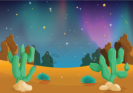 沙漠地区卡通片蓝色星星沙丘丘陵绘画沙漠极光空格处植物图片