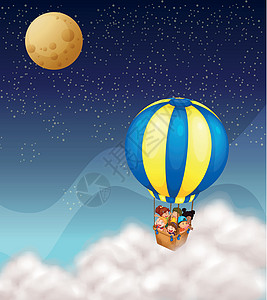 孩子们在热气球朋友们女士卫星男生蓝色天空女孩旅行卡通片草图图片