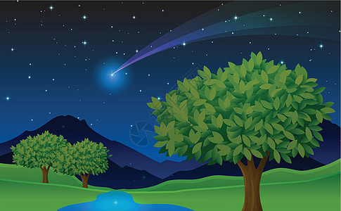 树来天空彗星月光丛林色调草图星星植物风景绘画图片