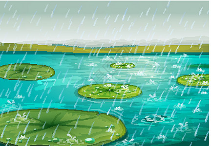 下雨动画片池塘动画插图栖息地植物软垫风雨绘画雨滴图片
