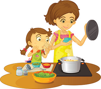烹煮妈妈火炉蔬菜孩子们女儿女性卡通片母亲插图帮助图片