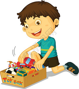 男孩与他的玩具玩具盒小丑男性盒子足球孩子们男生插图整理卡通片图片
