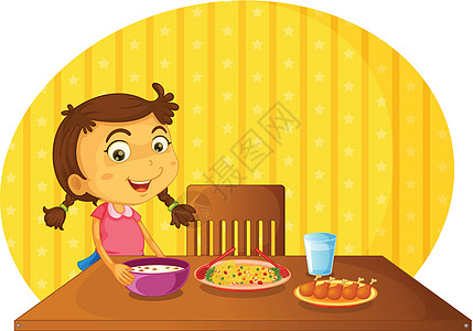 在家帮忙桌子插图盘子家务孩子们微笑早餐食物椅子鸡腿图片