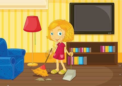 在家帮忙扫帚家务插图电视垃圾桶帮助女孩休息室客厅孩子们图片