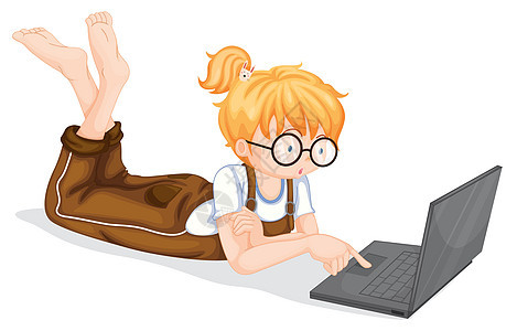 一个带笔记本电脑的女孩眼镜监视器金色家庭作业女性青少年键盘触控板展示技术图片