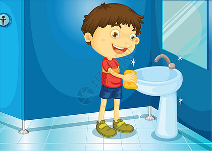 洗手间小孩儿卡通片病菌男性陶瓷盆地插图男生洗涤浴室图片