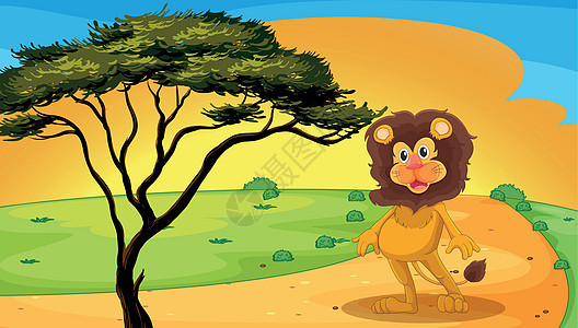 一头狮子站在饶蓝色动物天空土地晴天绘画草图太阳植物场景图片