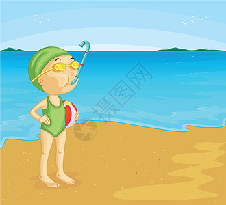 海滩场景插图海洋呼吸管泳装孩子女孩背景图片