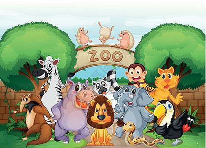 动物园和动物绘画野生动物农场场景食蚁兽树木风景河马刺猬卡通片图片