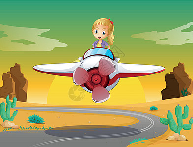 飞机上的女孩蓝色飞行员乐趣太阳山脉喷射卡通片旅行孩子农场图片