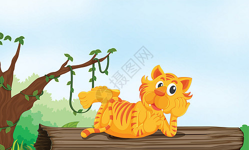 赖在木木上的老虎木头树叶登山者吉祥物绘画动物荒野藤蔓丛林休息图片