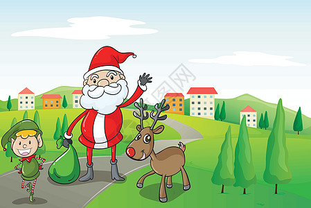圣诞老人和驯鹿男生植物风景天空路线蓝色男人礼物灌木父亲图片