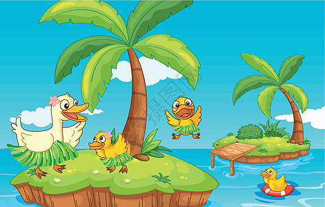 岛上的鸭子和小鸭子绘画家庭海洋鸟类享受救生圈天空树叶婴儿戏服图片