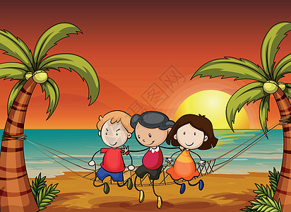 儿童子女数橙子卡通片绘画灌木天空日出海洋风景微笑男性图片