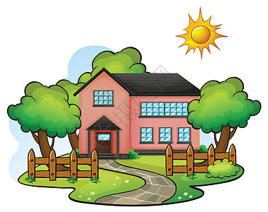一个房子动物群阳光植物群森林风景农场栅栏太阳绘画木头图片