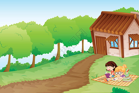 女孩和房子野餐灌木绘画朋友们写作学习蓝色风景天空阅读图片