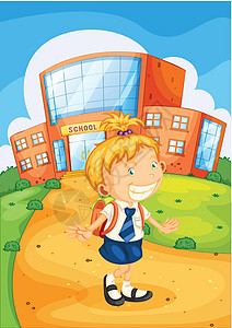 学校前的女孩天空白云头发蓝色棕色领带木板微笑英语建筑图片