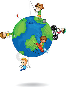 儿童在地球上玩游戏男生运动绿色世界游戏自行车蓝色行星男人草图图片