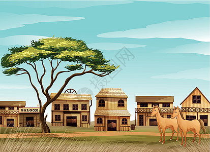 马和房子蓝色建造谷仓阴影木头天空庇护所哺乳动物场景马匹图片