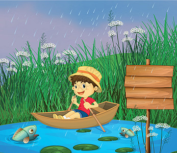 一条河和一个在船上微笑的男孩草地场景池塘孩子天空绘画绿色植物木头男生树叶图片