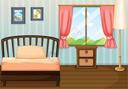 一床 一盏灯和一张侧桌房子框架抛光床垫装饰庇护所茶几软垫枕头窗帘图片