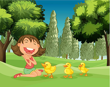 一个快乐的女孩和三个小鸭子图片