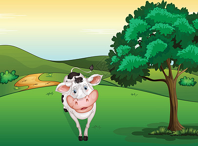 微笑的奶牛植物场景动物绿色植物绘画灌木卡通片风景天空草地图片