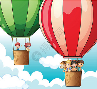 热空气气球飞行天线蓝色眼镜孩子们绿色圆形冒险天空空气绘画图片