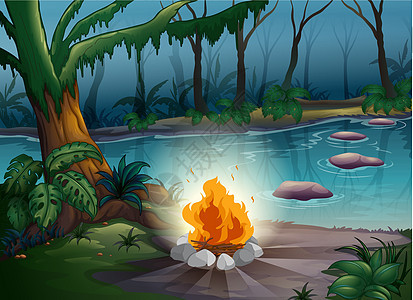 营火房子绿色植物卡通片岩石植物庇护所绘画叶子丛林流动图片