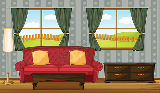 红色沙发和侧桌庇护所房子蓝色抽屉装饰玻璃天空座位栅栏家具图片