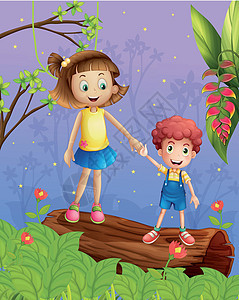 一位年轻女士和一个男孩在森林里图片