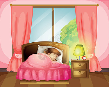 一个睡在床上的女孩家具女士木头警报睡眠辉光女性枕头软垫少女图片