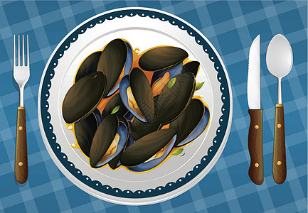 食物和dis蔬菜蓝色午餐用具服务营养美食盘子勺子圆形图片