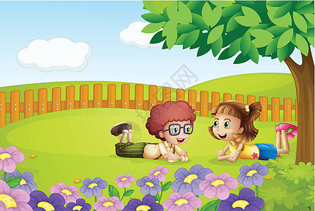 一个女孩和一个男孩草地公园植物风景卡通片女孩朋友们男性孩子植物群图片
