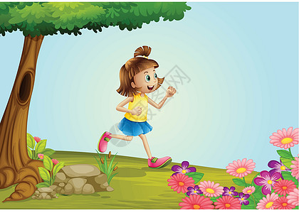 一个女孩在花园里奔跑花朵卡通片场景公园植物场地慢跑跑步绘画风景图片